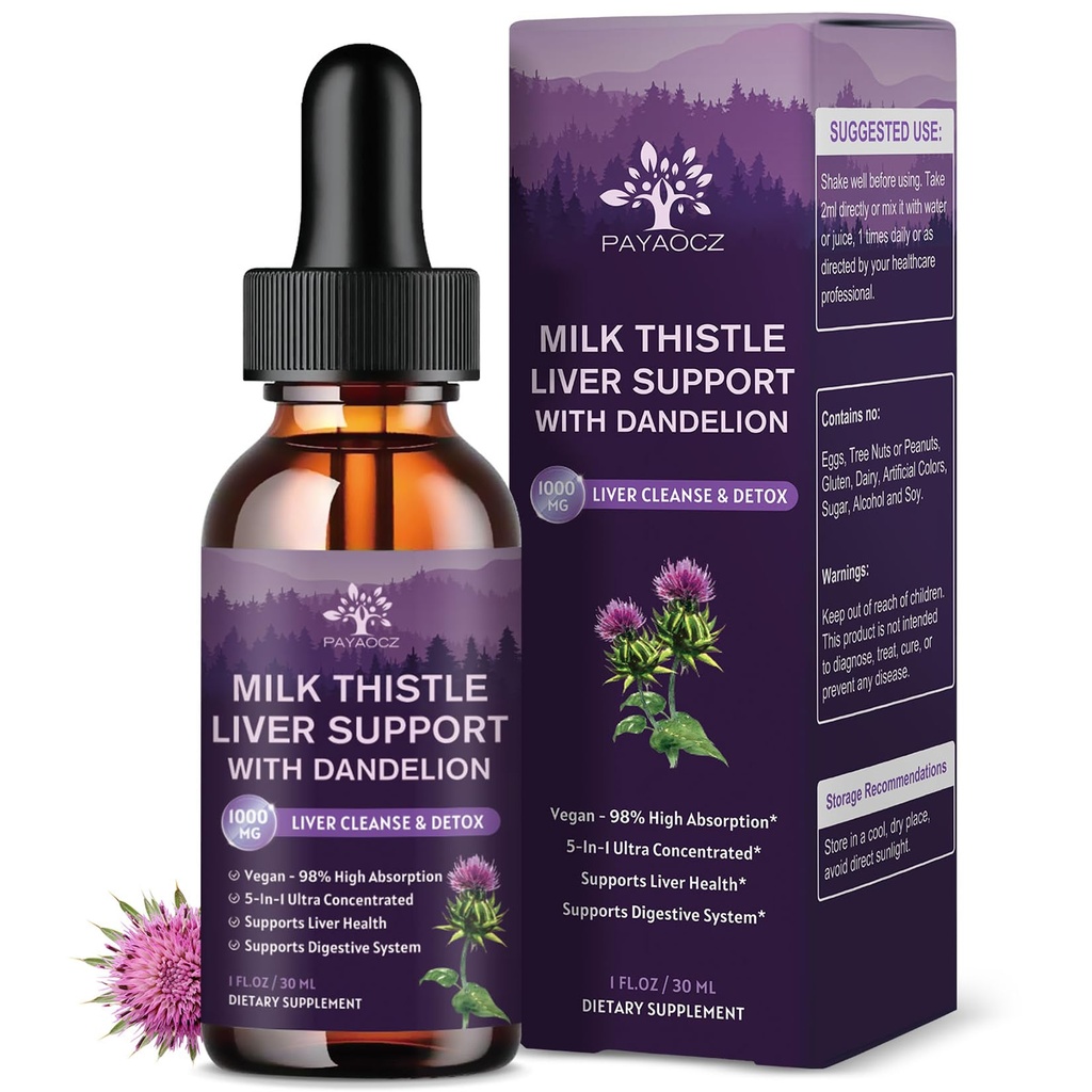 (4 Pack) Milchdistel flüssige Tropfen Silymarin 1000mg, Leber Ergänzung Detox & Cleanse mit Dandelion & Artichoke, Milchdistel Bio-Extrakt zur Unterstützung Reparieren Leber Gesundheit, Vegan, Non-GMO, 1 Fl Oz