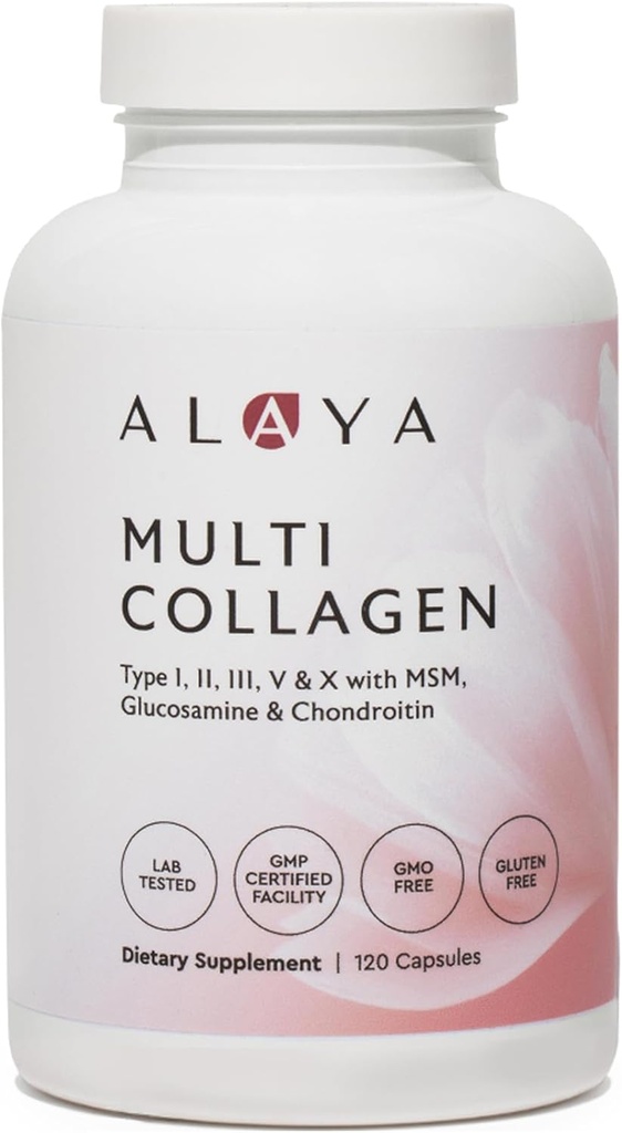 Alaya Naturals Hydrolysed Multi Collagen Peptides Protein Capsules - Type I, II, III, V, X Bovine alimentée à l'herbe, poulet, supplément de collagène marin avec MSM + GC (Capsules - 120 Nombre)