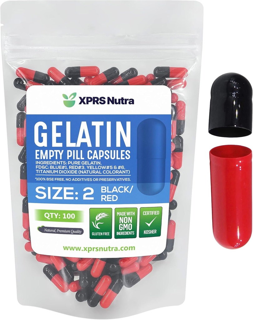 XPRS Nutra Taille 2 Capsules vides - 100 Capsules de gélatine vides de compte - Pills Bricolage Capsule Remplissage - Pure Pilule de gel pour Do-It-Youlf Suppléments (Noir/Rouge)