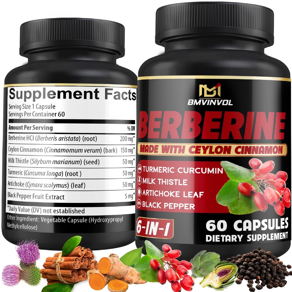 Berberine Ergänzung mit Ceylon Cinnamon, Turmeric, Artichoke, Milk Thistle - Berberine HCl Ergänzung Pillen - 60 Kapseln [2-Monat Versorgung]