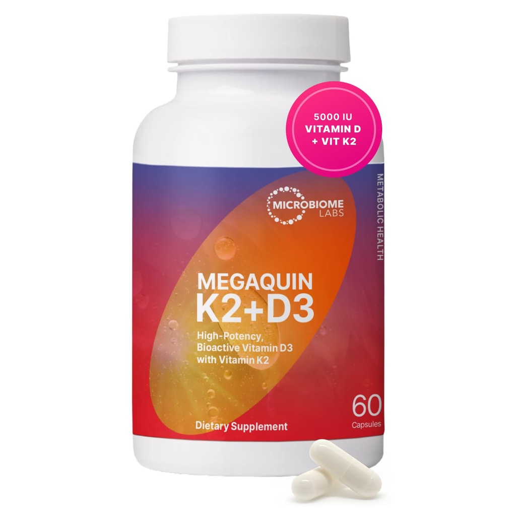 Microbiome Labs MegaQuin D3 + K2 - Supplément de vitamine D3 K2 à haute puissance - Bioactif et biodisponible - Vitamine D3 5000 iu & MK-7 - Soutien à la santé des os, du coeur, des nerfs et des immunes (60 capsules)