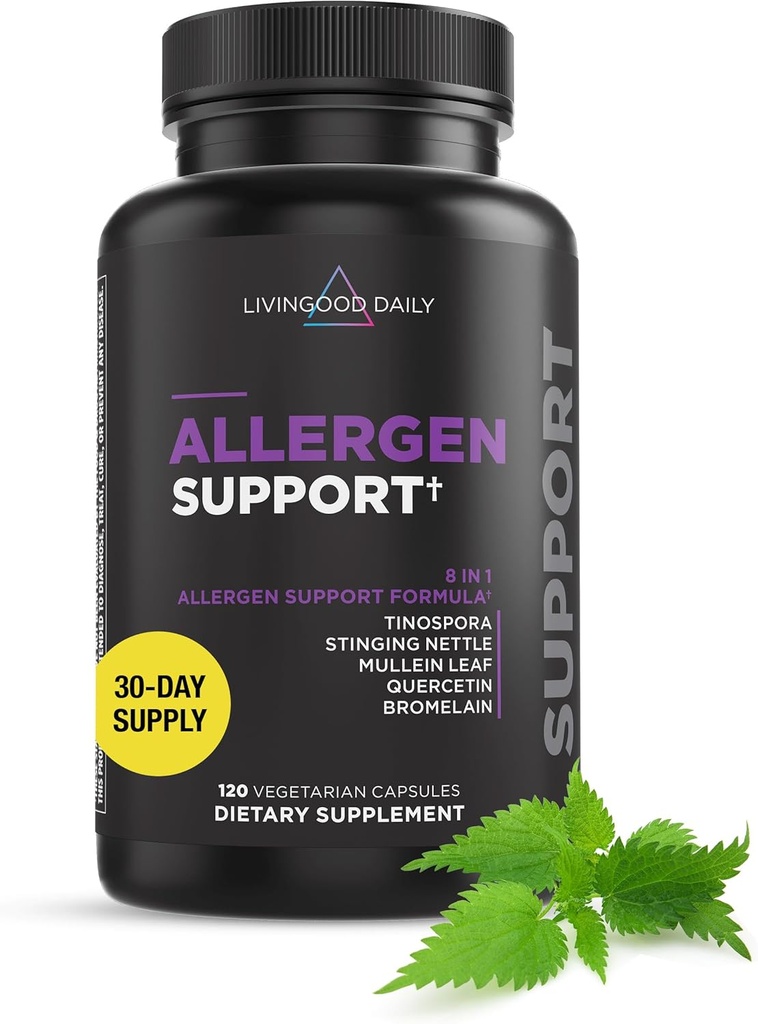 Livingood Daily Allergen Support, Natural Allergy Supplement mit Vitamin C, Quercetin, Nettle Leaf, Zink, Bromelain & Tinospora, Non GMO, Vegan, Immununterstützung Formel, 120 vegetarische Kapseln