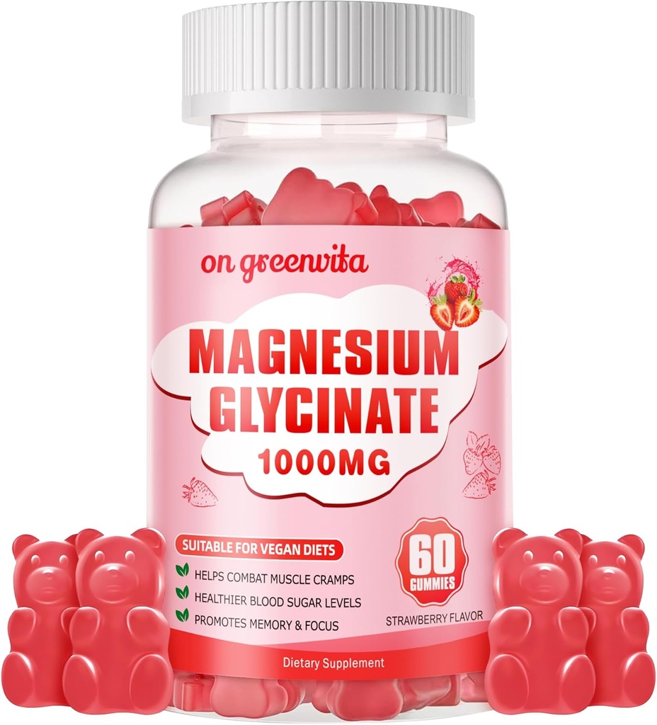 Glycinat de magnésium Gommies 1000mg - Supplément de potassium de magnésium sans sucre avec vitamine D, B6, CoQ10 pour l'humeur calme et le soutien du sommeil - 60 Gommies de fraise