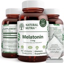 Natural Nutra Vegan Melatonin 3mg, aide à améliorer la santé cardiaque, soutient le système immunitaire, aide la santé cellulaire et cardiaque, contribue au bien-être général, améliore la qualité du sommeil, sans gluten, 60 comprimés