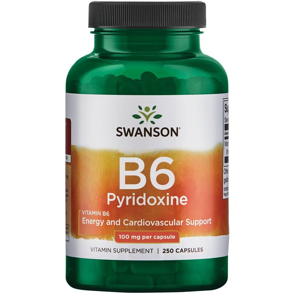 Swanson B6 Pyridoxine - Supplément de vitamine favorisant la santé cardiovasculaire et le métabolisme énergétique - Formule naturelle favorisant le mieux-être général - (250 capsules, 100 mg chacune)