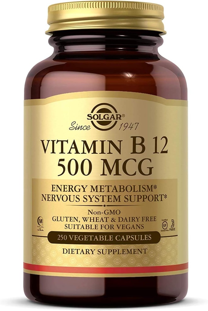 Solgar Vitamin B12 500 mcg, 250 Gemüsekapseln - Energiemetabolismus - Nervous System Support - Promotes Herzgesundheit - Non-GMO, Vegan, Glutenfrei, Dairy Free, Kosher, Halal - 250 Servietten