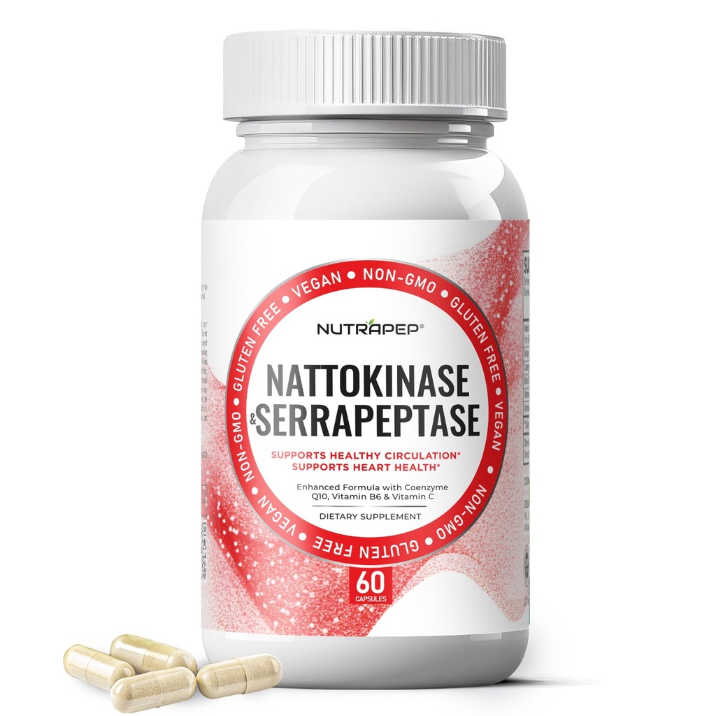 Nattokinase 2000 FU Serrapeptase 240000 SPU Supplement - Verbessert mit Coenzym CoQ10 Vitamin B6 Vitamin C Schwarz Pfeffer Extrakt - Nattokinase 400mg Kapsel für Männer Frauen