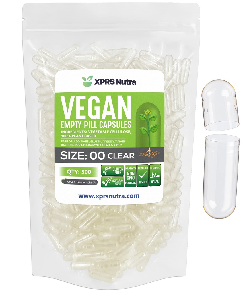 XPRS Nutra Size 00 Empty Capsules - 500 Count Clear Empty Vegan Capsules - Vegetarian Empty Pills - DIY Vegetable Capsule Filling- Veggie Pill Caps