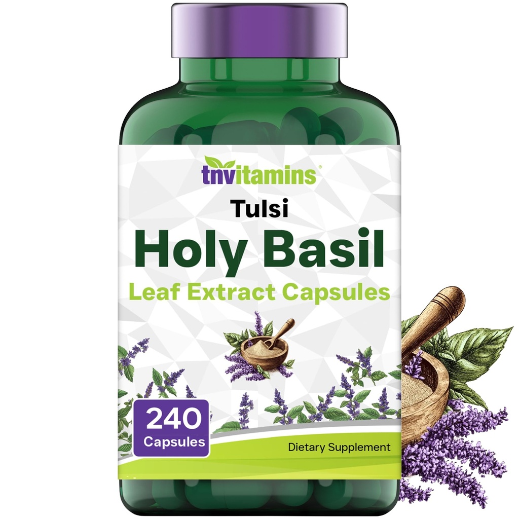 tnvitamines Heilige Basilikum Kapseln (1.600 mg Äquivalent - 240 Kapseln) | 8 Monat Versorgung | AKA Tulsi | Kann Stress & Frustration Relief fördern* | Adaptogenic, & Ayurvedic Kräuter