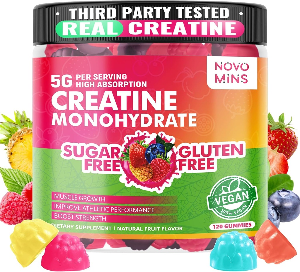 novomins Creatine Monohydrate Gommies 5000mg pour les hommes et les femmes, Chewables Creatine Monohydrate pour la force musculaire, Constructeur musculaire, Boost énergétique, Supplément de pré-entraînement(120 Nombre)