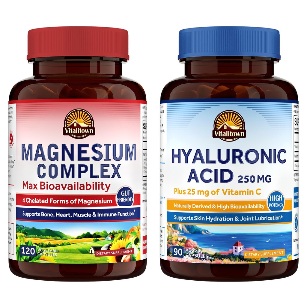 Vitalitown Magnésium + Groupe d'acides hyaluroniques : Complexe de magnésium (élément 1) et acide hyaluronique plus vitamine C (élément 2) 120 Capsules de magnésium et 90 Capsules d'acide hyaluronique