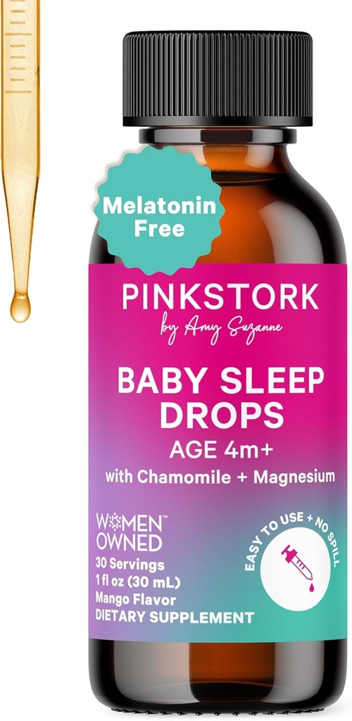 Pink Stork Baby Schlaftropfen, natürlich Unterstützung Schlaf ohne Melatonin für Kinder, Kleinkinder und Kinder, Hilfe Schlaf mit Kamille und Magnesium, Baby Essentials für Bedtime, 1 Unze, 30 Servierungen