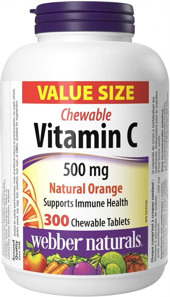 Webber Naturals Vitamin C, 300 Kaubare Orange Tabletten, 500 mg Vitamin C Pro Tablette, Knochen, Zähne, Immun- und Antioxidantienunterstützung