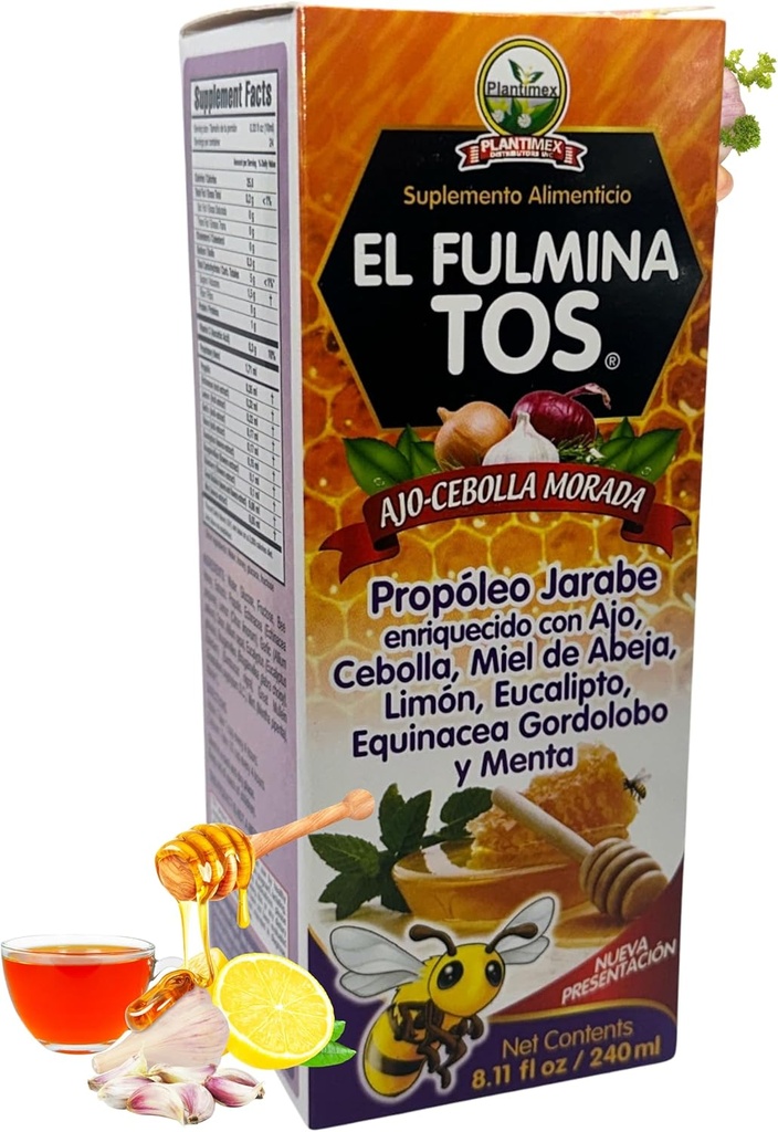 EL FULMINA TOS Propoleo +AJO + CEBOLLA +Miel+Limon+Eucalipto+Equinacea+Gordolobo & Menta (Propolis Syrup W/Garlic und Zwiebel) 8.11 fl oz Nahrungsergänzungsmittel Husten Syrup FULMINA TOS