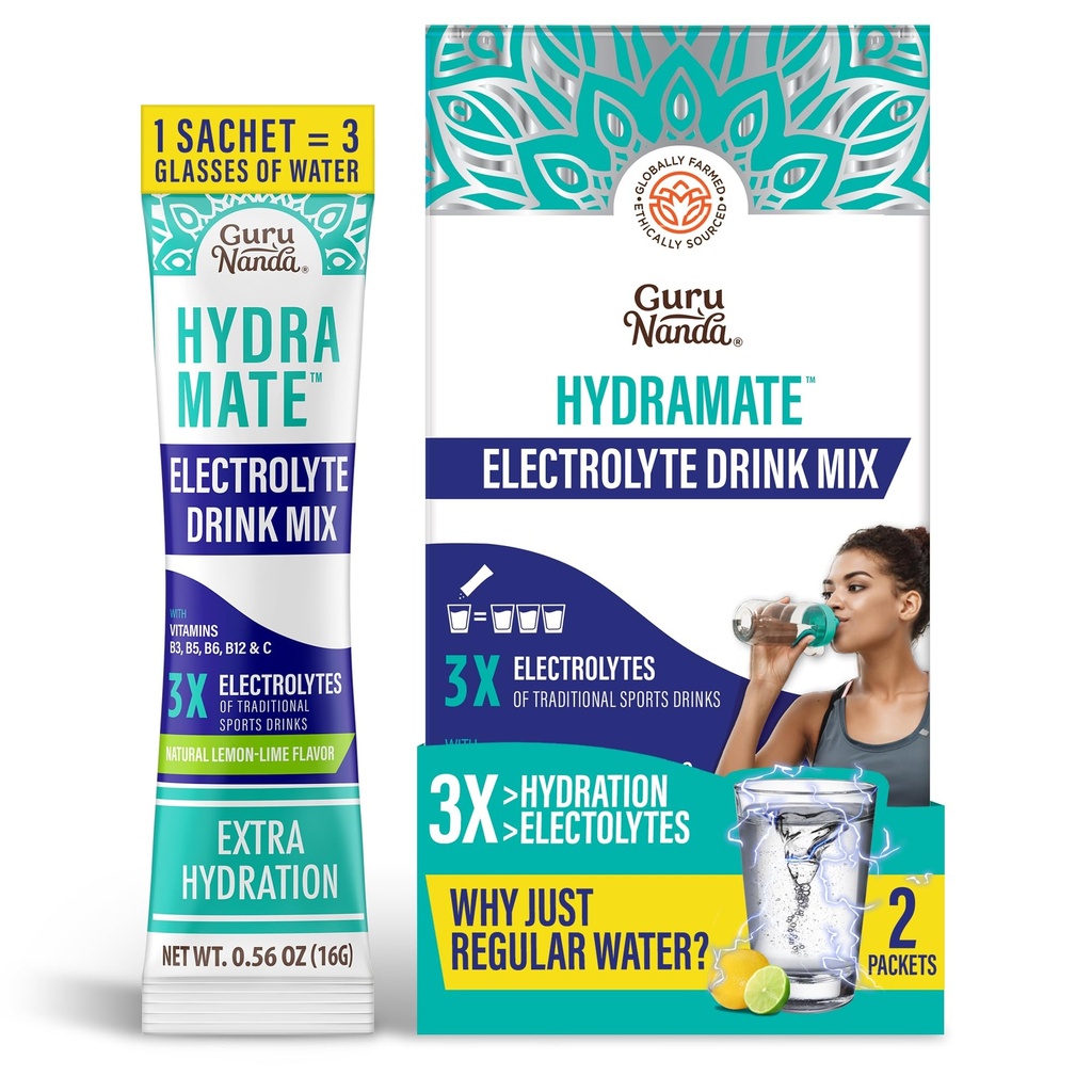 GuruNanda Hydramate Mélange de boisson de soutien d'hydratation - Paquets de poudre d'électrolyte pour la déshydratation, l'exercice et l'énergie - Pas d'édulcorants ajoutés, non-OGM, naturel citron Lime Saveur - 2 Comte (0.56 oz Chacun)