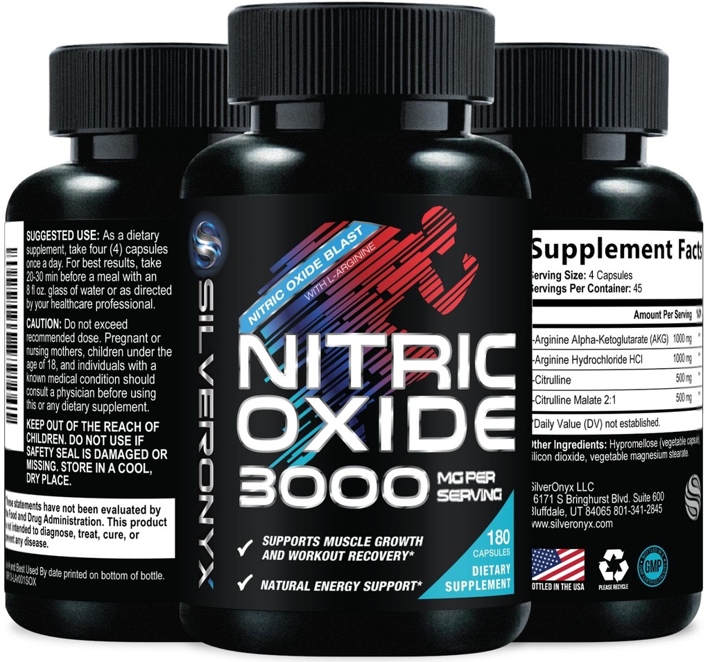 Extra Strength Nitric Oxid Supplement 3X Strength L Arginin, Citrulline Malate, AAKG, Beta Alanine - Premium Muskelunterstützung Nitric Booster - Natural Energy & Heart Health Support - 180 Kapseln