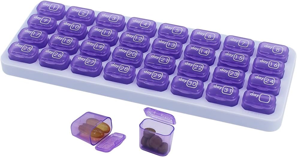 Monthly Pill Organizer, Grande Pill Box 31 Day, Daily Pill Case, Pill Holder Container pour la vitamine, médecine, supplément, huile de poisson, violet