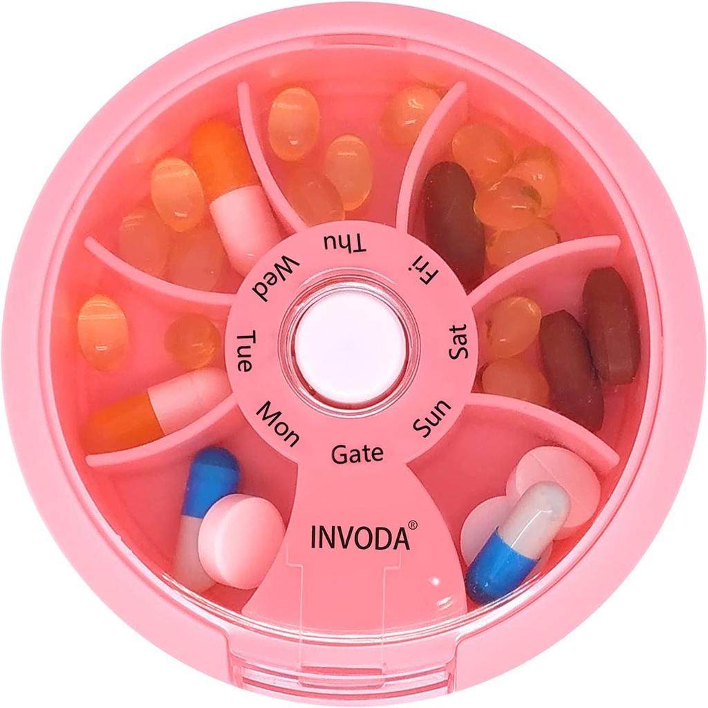 INVODA Wöchentliche Pille Organizer 7 Kompartment rotierende Pille Box für tägliche Medikamente & Vitamine - Tragbare Reise Pille Fall Fischöl ergänzt Vitamine Organizer (Pink)