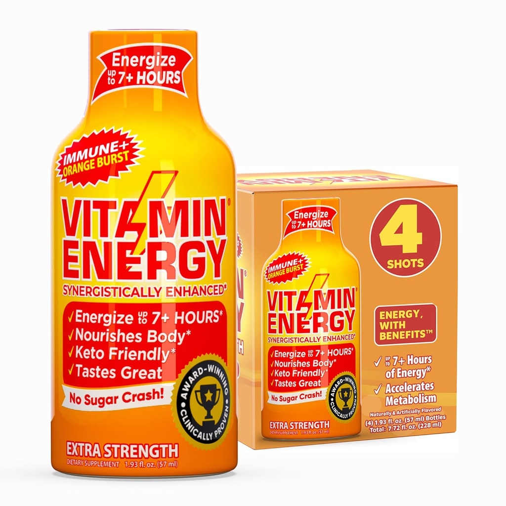 Vitamin Energy Immune+ Extra Strength Energy Shot – Orange Burst – 100% DV B-Vitamine & 260mg Koffein – Zero Calories, Sugar-Free, Vegan, – Immunität & Energy Support – 1.93 fl oz, 4-Pack