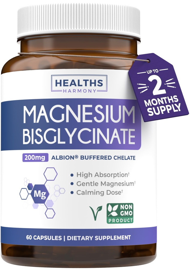 Hohe Absorption Magnesium Bisglycinat Kapseln - Klinisch validierte gepufferte und gesägte Magnesiumergänzung - 1 Tägliche Vegan Kapsel mit Lab Verified Gentle 200mg Servierung (2 Monate Versorgung)