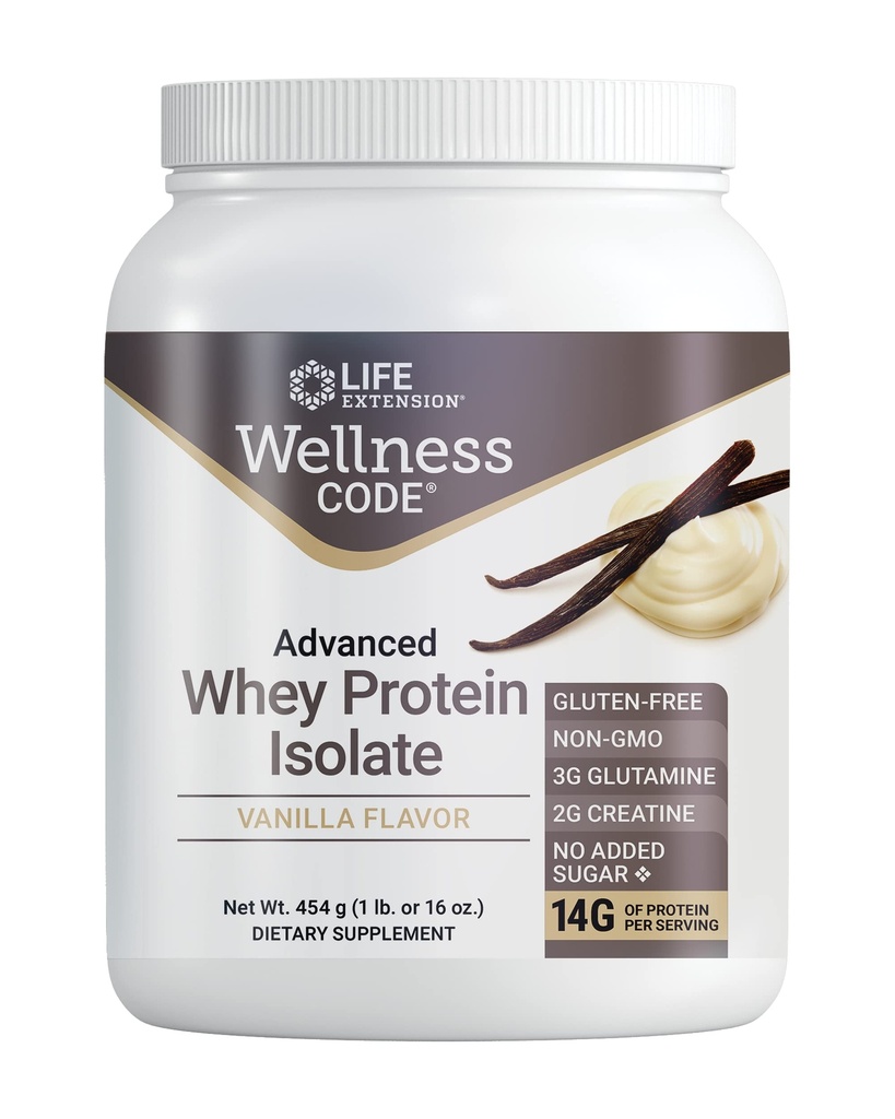 Life Extension Wellness Code Advanced Whey Protein Isolate - Vanilla Flavor -Protein Shake Mix Powder for Muskelwachstum & Immune Health Support - Glutenfrei, Non-GMO, Zuckerfrei - 454g - 20 Servietten