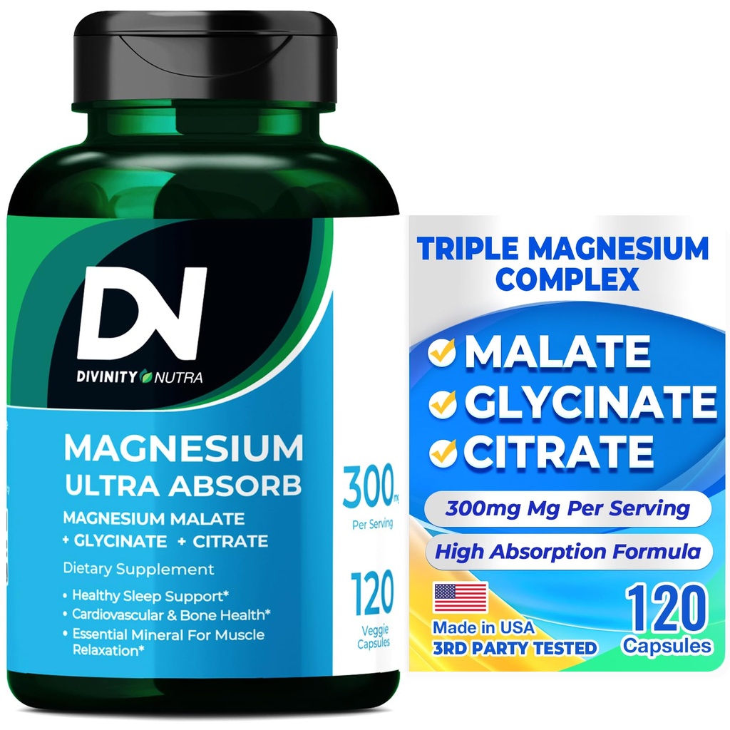 Divinity Nutra Triple Magnesium Complex Supplement,300mg Magnesium Glycinat, Malat & Citrat für Muskeln, Nerven, & Energie, hohe Absorption, 120 Vegan Kapseln,Non-GMO USA Mademoiselle