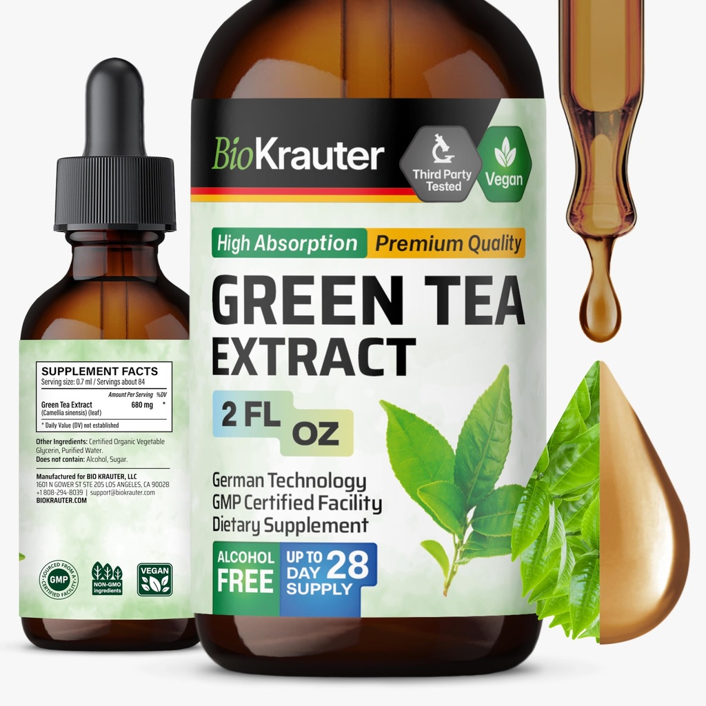 BIO KRAUTER Green Tea Extract Liquid Drops - Green Tea Supplements - Antioxidans Quelle - Alkohol und Zucker frei - 2 Fl.Oz.