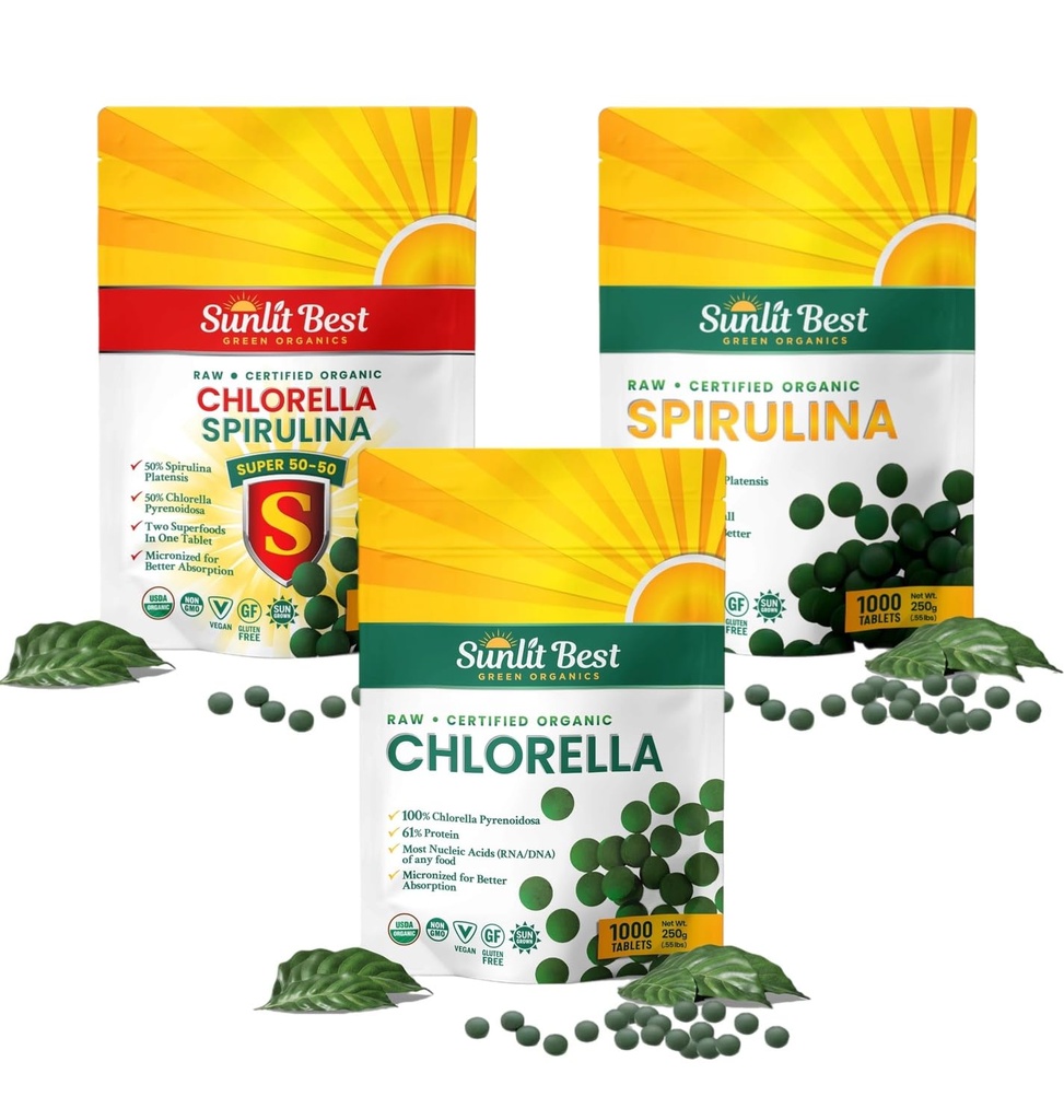 Sunlit Best Ultimate Chlorella & Spirulina Bundle | Super Greens Ergänzungen für Immununterstützung, Gut Health, Stimmung & Energie