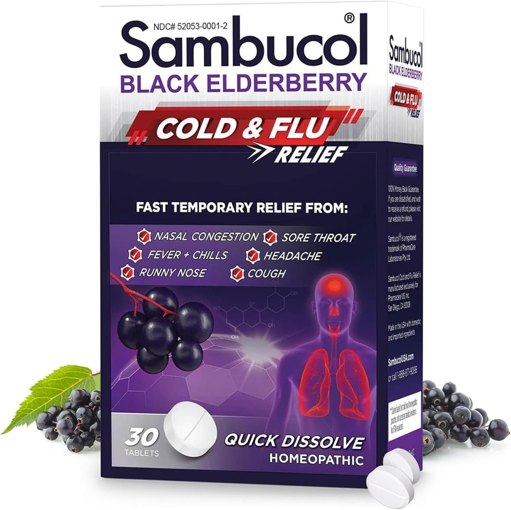 Sambucol Cold and Flu Relief Tablets - Homöopathic Cold Medicine, Remedy for Adults, Black Elderberry for Colds, Zink Remedy - 30 Count