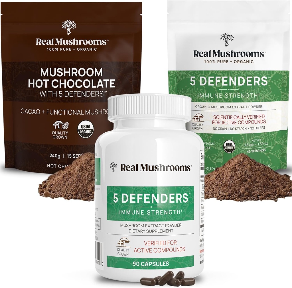 Echte Pilze Heiße Schokoladenmischung (15srv), 5 Verteidiger Extrakt Pulver (45srv), & 5 Verteidiger Ergänzungen (90ct) Bundle zur Unterstützung Immunität & Gesamt Wohlbefinden - Glutenfrei, Non-GMO, Vegan
