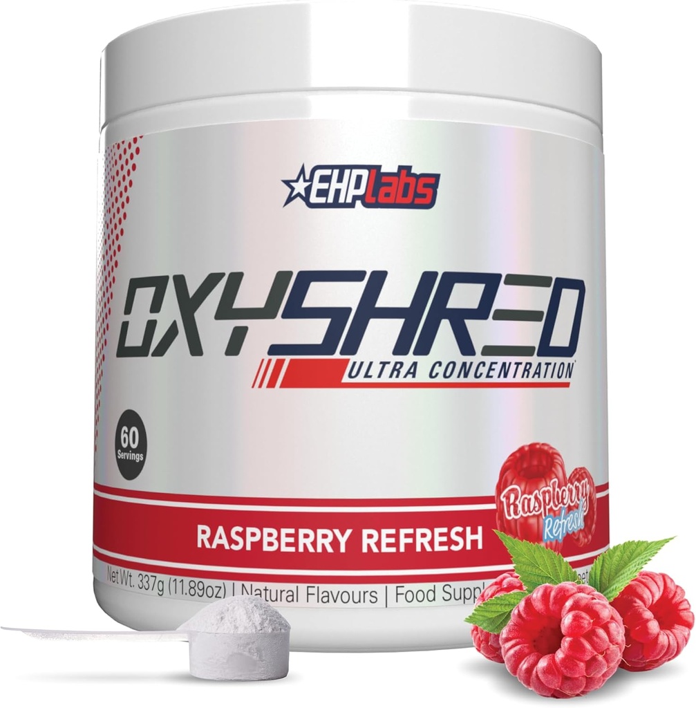 EHP Labs OxyShred Pre Workout Powder - Preworkout Powder with L Glutamine & acétyl L Carnitine, Energy Boost Drink - Raspberry Refresh, 60 portions