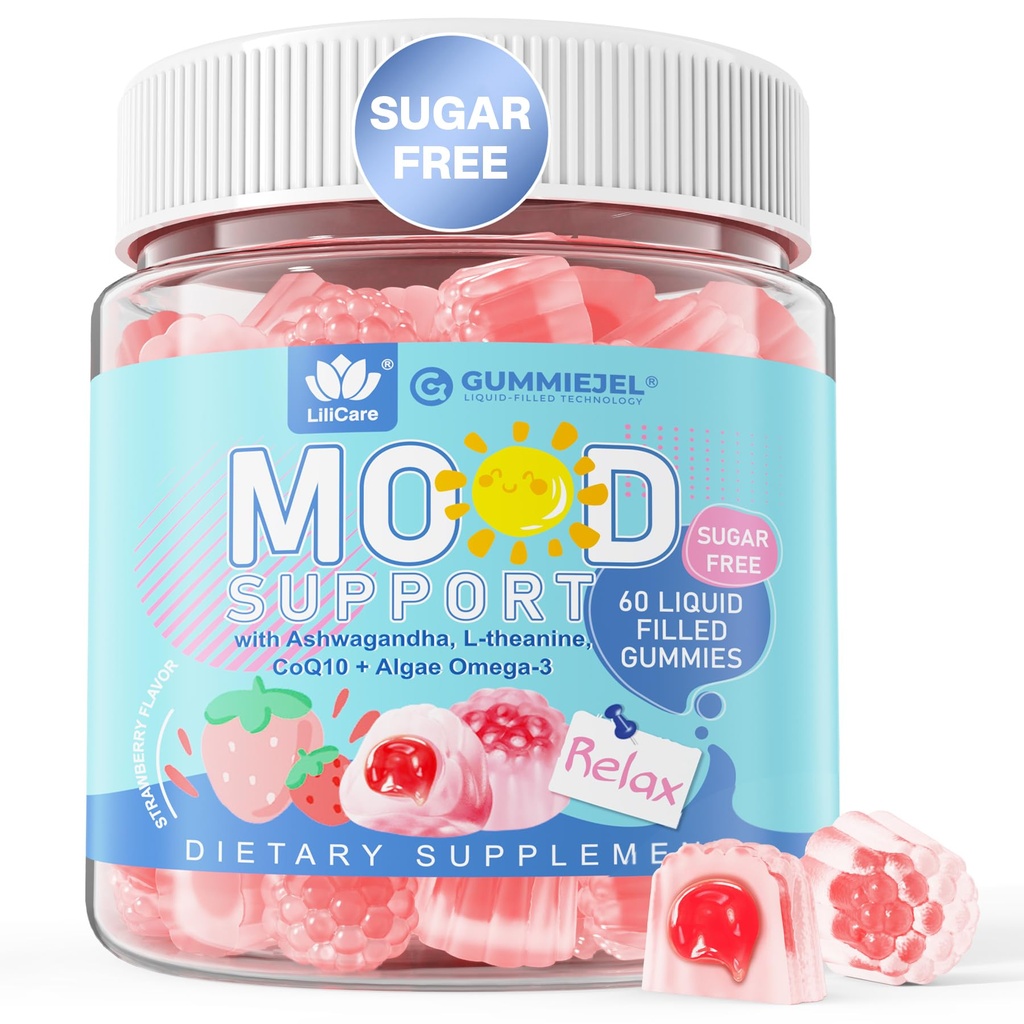 Ashwagandha Saffron Calm Gummis + Omega 3, L-Theanine & CoQ10 für Frauen Männer, Natürliche Beruhigung Happy Relax Gummies für Erwachsene, Mood Support Supplement Gummy, Strawberry Flavor, Sugar Free, Vegan, 60ct
