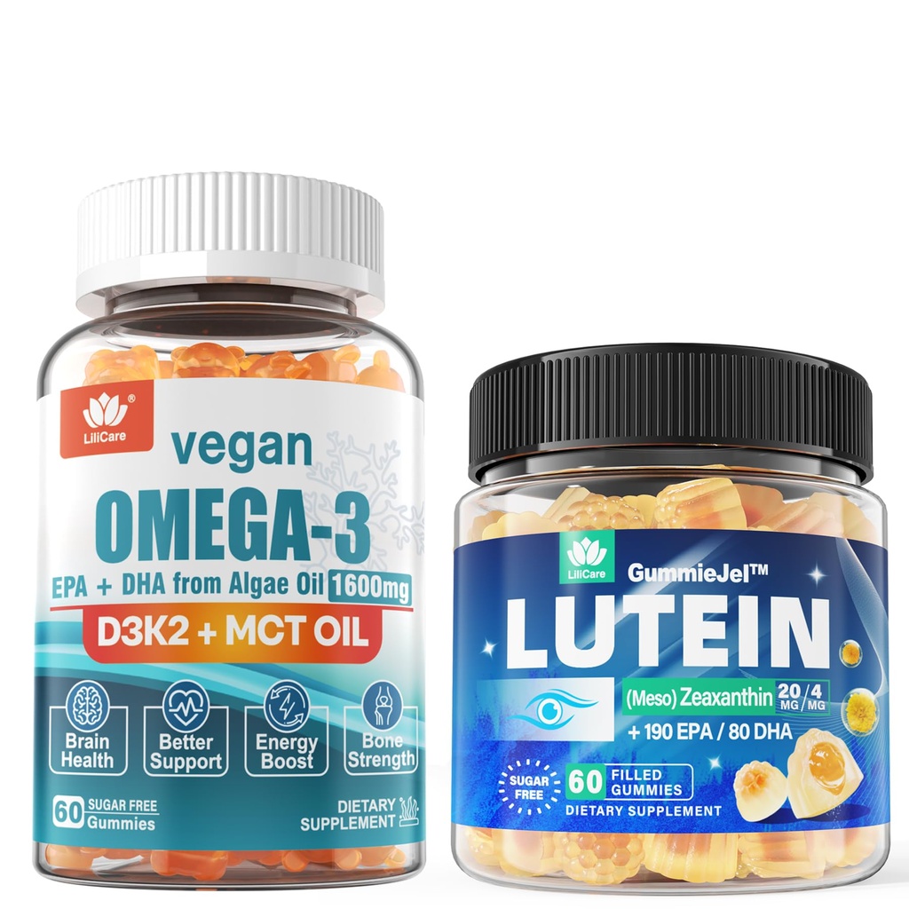 Lutéine sans sucre 20mg 40mg et Oméga3 végétalien Gummies 1280mg
