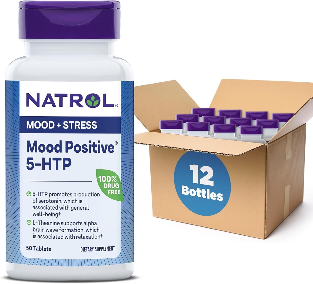 Natrol Mood Positive 5-HTP 50mg mit L-Theanin, Vitamin B6, Vitamin B12 und Folat, Nahrungsergänzung unterstützt eine positive Stimmung, 50 Tabletten, 25-50 Tage Versorgung (Pack von 12)