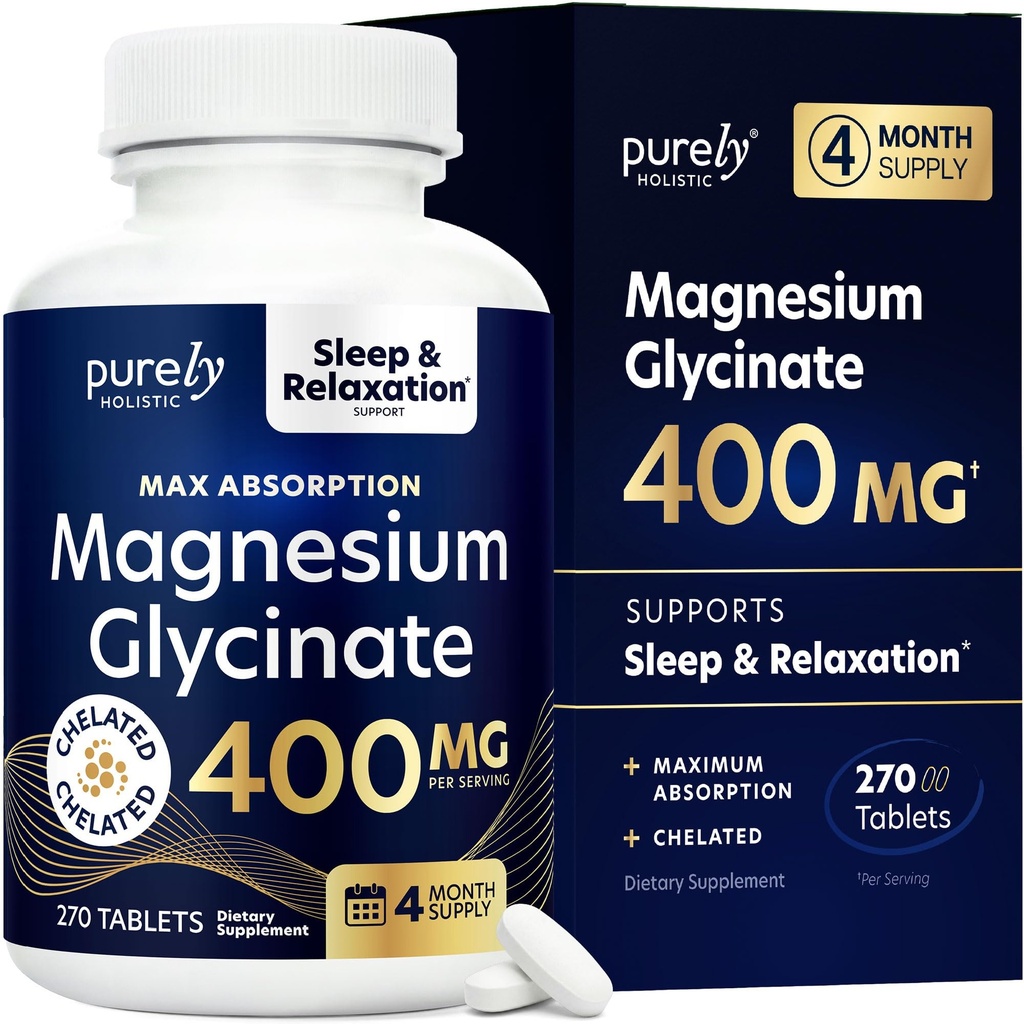 Magnesium Glycinate 400mg - 270 Magnesium Tabletten (nicht Kapseln) - 400 mg Elemental Magnesium - Hochverfügbar - Vegan und Vegetarisch - für verbesserten Schlaf, Stress-Relief & Cramp-Verteidigung