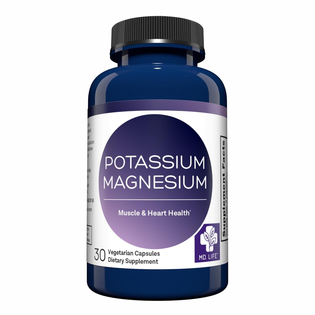 MD. Life Potassium Magnesium Supplement - 120 Kapseln - Magnesium Kalium Supplement - Hoher Absorptionskomplex - Unterstützung Vascular Health & Leg Cramp
