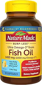 Nature faite Burp-Moins Ultra Omega-3 à partir de l'huile de poisson 1400 mg, supplément alimentaire pour le soutien cardiaque sain, 45 softgels, 45 jours d'approvisionnement