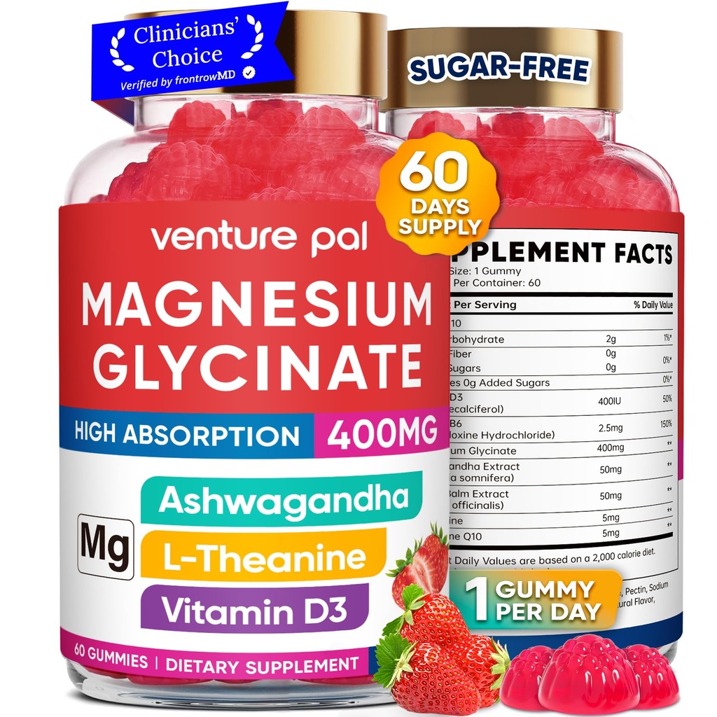 60 jours d'approvisionnement Magnésium Glycinat 400mg Gommies avec Ashwagandha, L-Theanine, CoQ10, Vitamine D3 & B6, sans sucre Gommies de magnésium pour adultes et enfants, soulagement du stress, sommeil et calme, végétalien, sans gluten