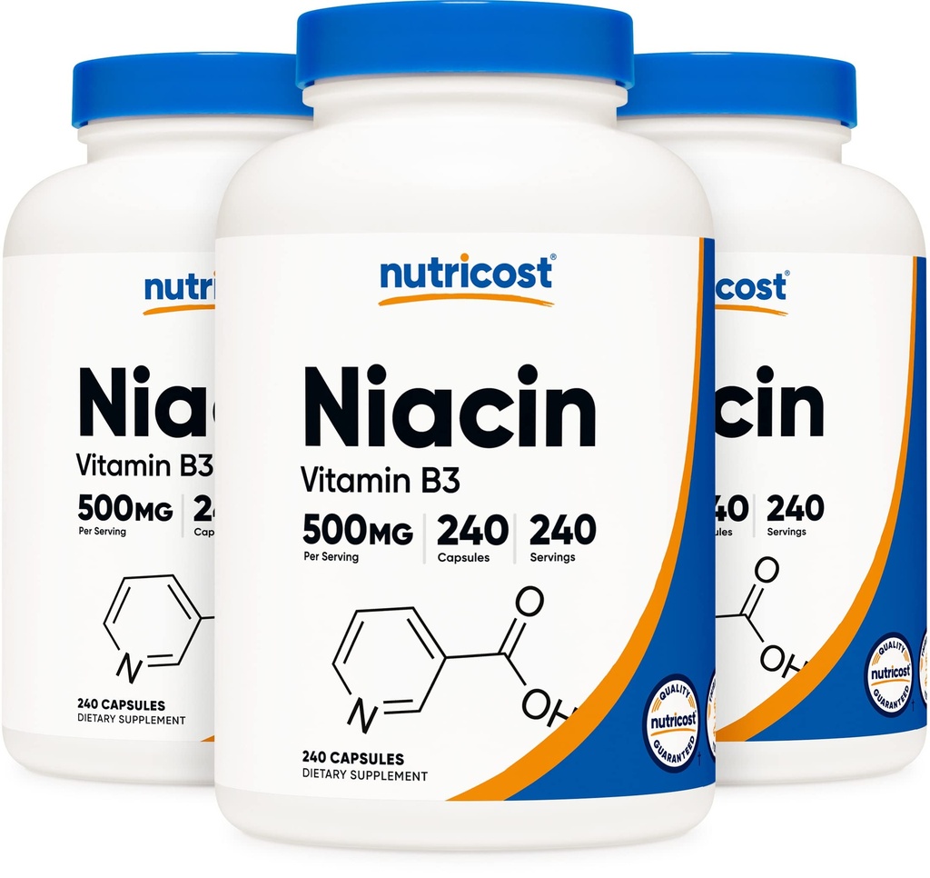 Nutricost Niacin (Vitamin B3) 500mg, 240 Kapseln (3 Flaschen) - Niacin Flush