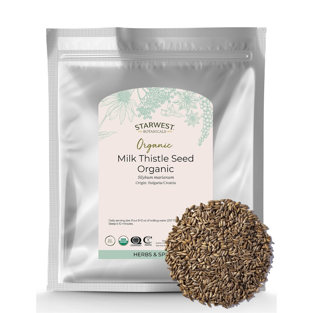 Starwest Botanicals Bio Milk Thistle Seed Whole - Loose Blatt Milk Thistle for Tea & Cooking, Mix in Juice, Add to Smoothies, Oatmeal, & Joghurt, Certified Kosher, Non-GMO - Bulk 1 lb Bag