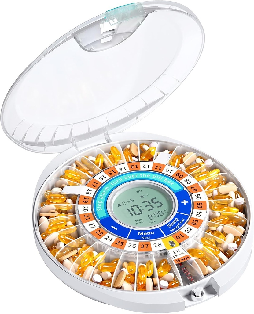 Daviky Automatische Pillenspender für Ältere mit Alarm, 28-Tage Elektronische blockierte Pillen Box, Sound & Licht Erinnerungen für Medikamente, Vitamine und Ergänzungen(Orange)