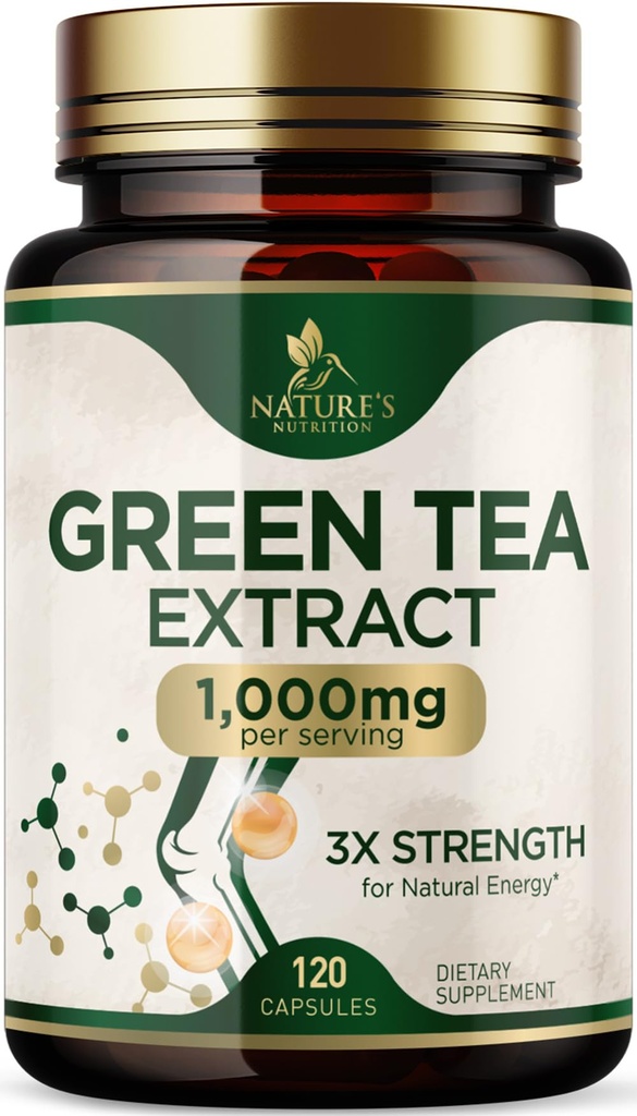 Capsules d'extrait de thé vert 1000 mg - Standardisé 45% EGCG & 98% Polyphénols - Pills de thé vert 3X Strength pour l'énergie naturelle - Soutient la santé cardiaque, supplément à base de plantes, végétalien, non-OGM - 120 capsules