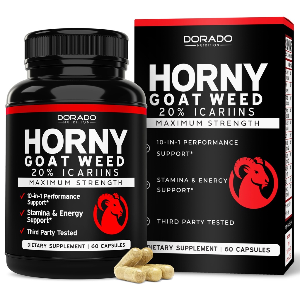 Horny Goat Weed für Männer und Frauen - [20% Icariins Max Strength] - Ausdauer, Ausdauer, Zirkulation, Joint & Back Support - Maca Root, Ginseng, Yohimbine, Tribulus, L-Arginin - USA Made - 60 Count