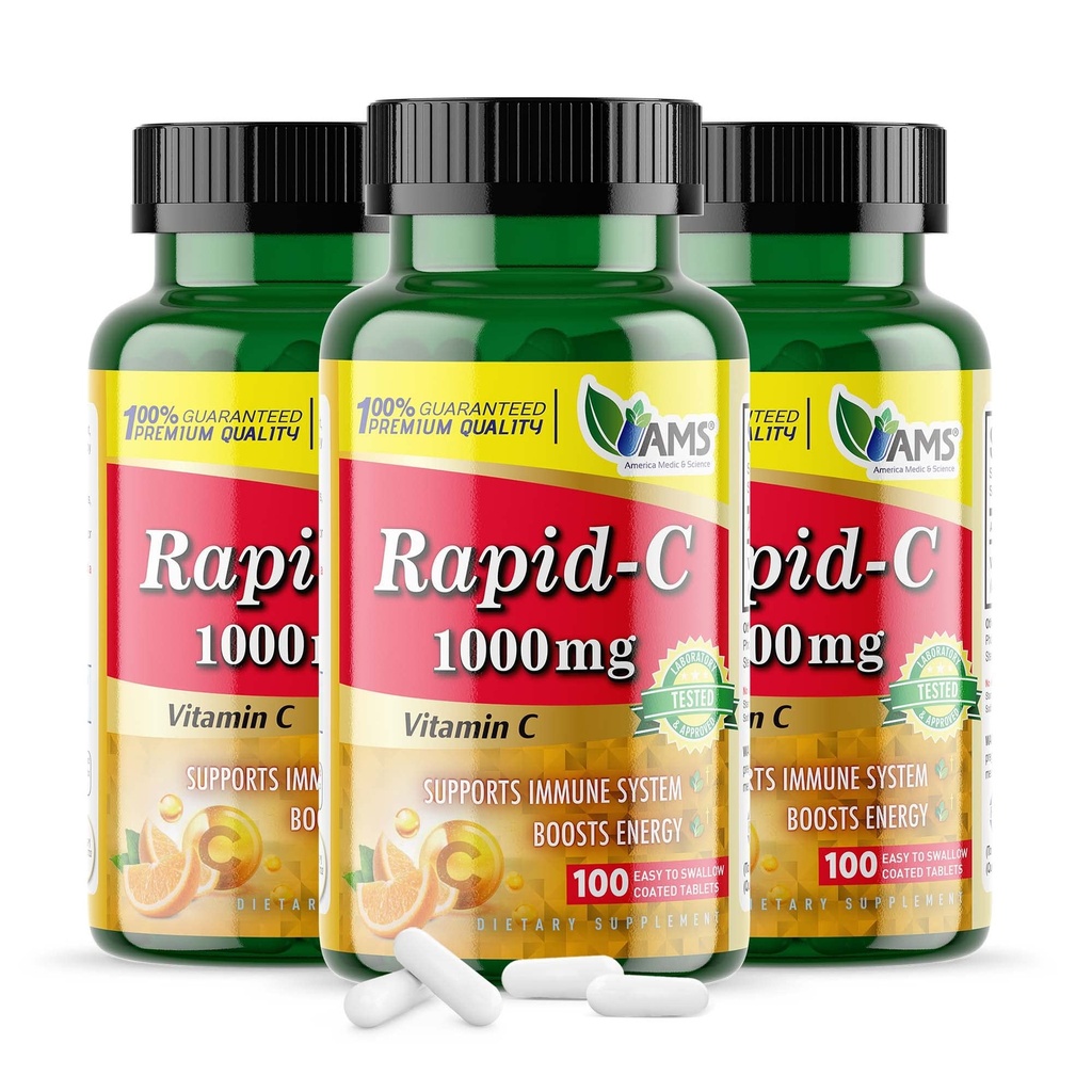 America Medic & Science Rapid-C 1000mg supplément de vitamine C (3 Pack de 100 comprimés) Booster d'énergie, support quotidien du système immunitaire, antioxydant.