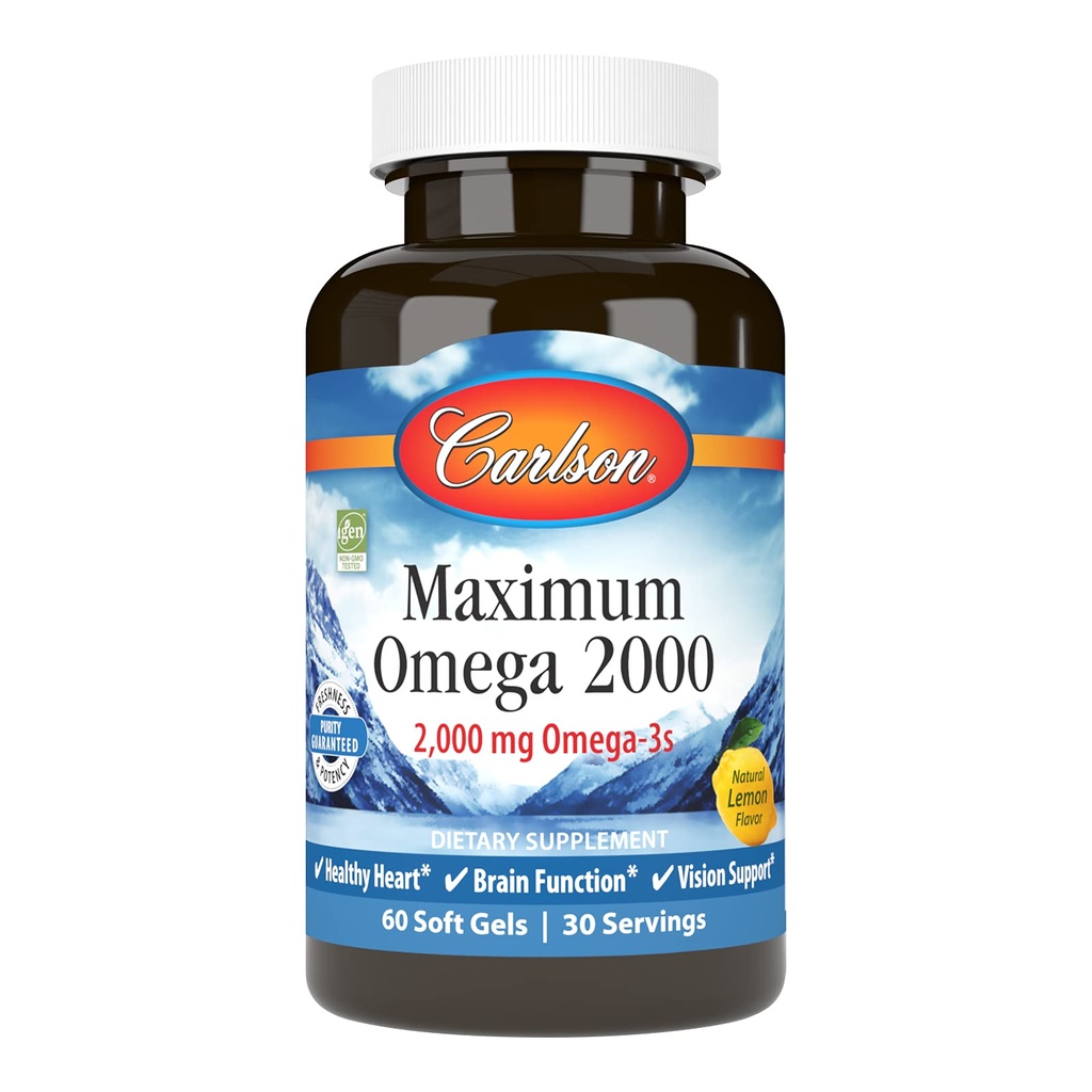 Carlson - Maximum Omega 2000, 2000 mg Omega-3 Fatty Acids Including EPA and DHA, Wild-Caught, Norwegian Fish Oil Supplement, Sustainably Sourced Fish Oil Capsules, Lemon, 60 Softgels