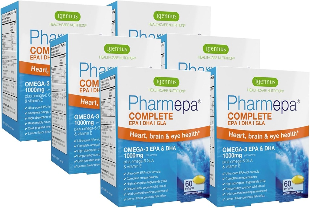 Igennus Pharmepa Complete EPA 668mg & DHA 334mg Omega-3 Fettsäuren 1000mg, IFOS zertifiziert, rTG Form, High Potency Fish Oil Plus Omega-6 & 9 von GLA Evening Primrose Oil, Lemon Flavor, 360 Softgels
