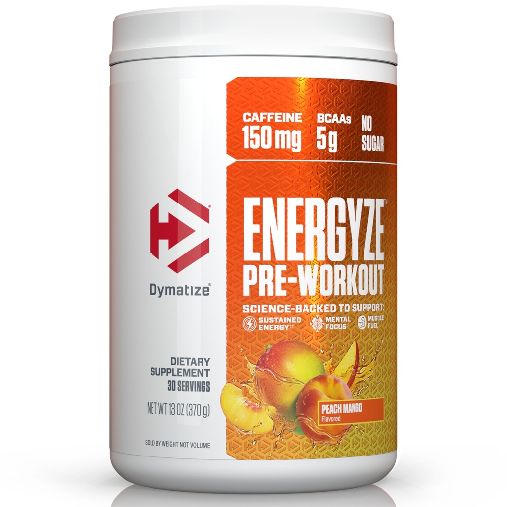 Dymatize Energyze Pre Workout Pulver für Männer und Frauen, Peach Mango, 150mg Koffein, 5g BCAAs, Performance Blend von L-Theanin, L-Tyrosin, L-Citrulline, kein Zucker (30 Portionen)
