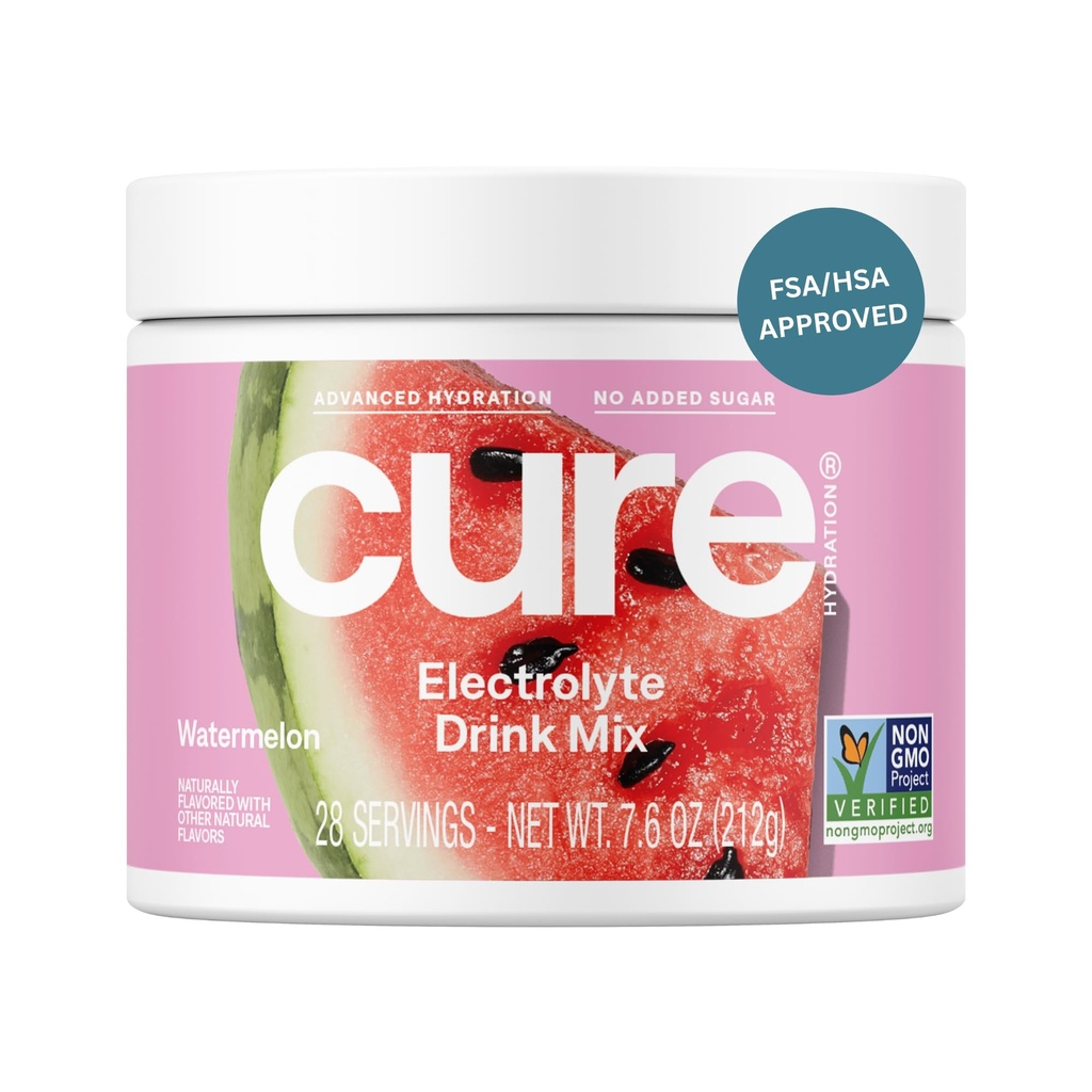 Cure Hydration | Pflanzenbasierte Elektrolyt-Getränk-Mischung | Kein hinzugefügter Zucker | FSA-HSA | Dehydration Relief Pulver mit Kokoswasser hergestellt | Non-GMO | Vegan | 28 Servierungen Jar - Wassermelone