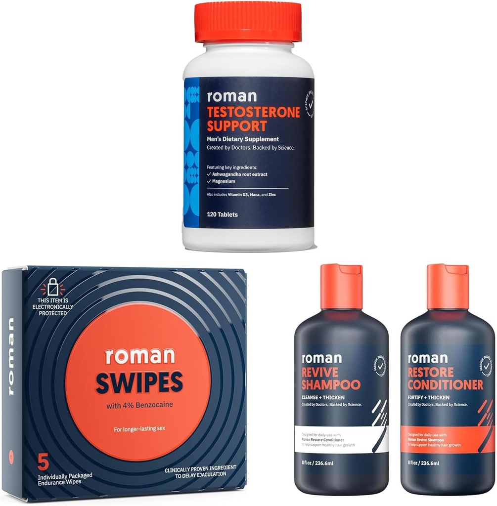 ROMAN Men's Wellness Bundle | Testosterone Support Supplement, Fast-Acting Swipes for Stamina, and Revive Shampoo & Conditioner Duo for Thicker-Looking Hair | Complete Men's Care Kit
