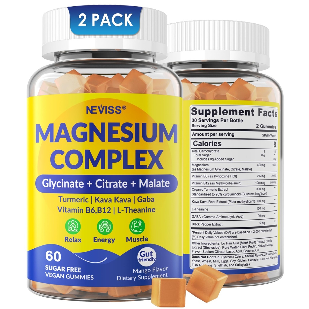 Magnesium Complex Gummies 400mg, Magneisum Glycinate Citrate Malate + Turmeric, GABA, B6 B12, Kava Kava, L-Theanin für Schlaf, Beruhigung, Energie, Magnesiumgummis für Damen, Vegan, 2 Pack